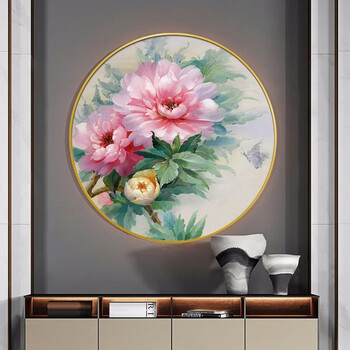 圆形手绘油画花开富贵牡丹入户玄关装饰画客厅沙发背景墙挂画餐厅墙上