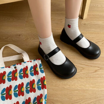 钟阿四圆头女学生百搭娃娃鞋平底学院风鞋子制服鞋黑色一字扣带偏大半