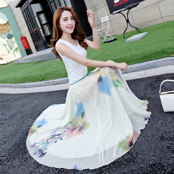 梵美莲春夏款雪纺绒大花印花半身长裙大摆裙仙女裙飘逸度假裙8841白色