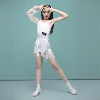 舞比赛服专业花服流苏拉丁舞服女儿童夏季专业比赛网红连体裙白色110