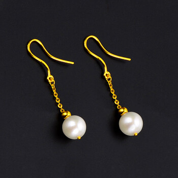 宝创黄金耳钉女足金999新款珍珠耳环大气大方气质温婉耳坠弯钩送老婆