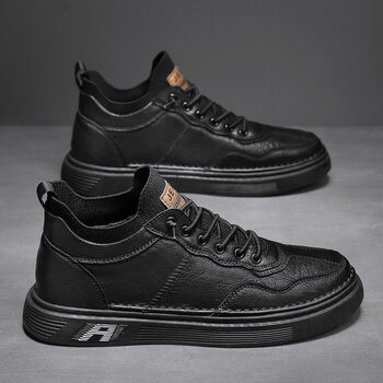 aj梁惠秋冬新款男士商务休闲皮鞋牛皮软底西装板鞋男冬季潮鞋h黑色39