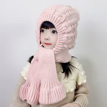 冬季可爱萌女童毛线帽冬天加绒儿童帽子围巾一体帽秋冬宝宝帽子a 粉色