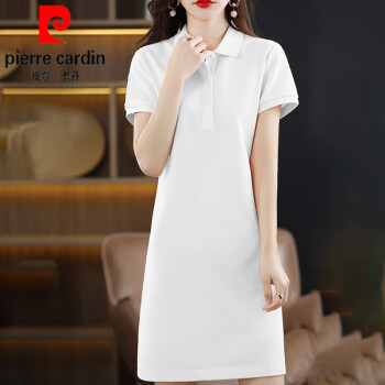 皮尔卡丹（pierre cardin）2024夏季中长款短袖t恤女纯棉翻领包臀裙子衫连衣裙运动休闲针织 净面白色 S【收藏加购优先发货】