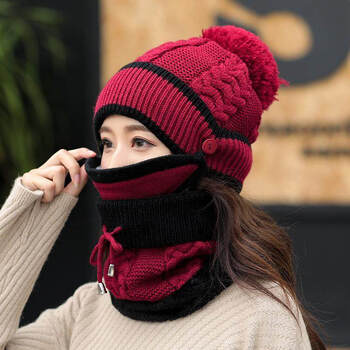 毛线帽冬季骑车保暖户外防寒防风骑行极寒东北冬帽麻花三件套酒红均码