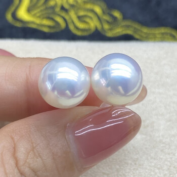 颜畅810mm樱花粉银白高品淡水珍珠媲美天女akoya澳白对裸珠耳钉耳环