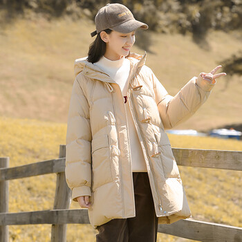勤驰浅色羽绒服女初中高中学生中长款羽绒服浅色大童岁女孩少女冬装米