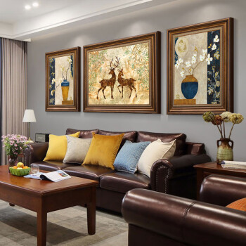 高端华丽简约美式客厅三联装饰画鹿大气欧式沙发背景墙画大象风水挂画