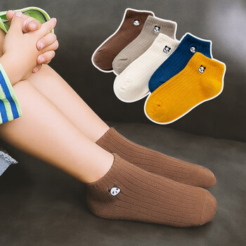 纯棉熊猫刺绣薄棉短袜男童船袜1-3-5-7-9岁宝宝袜低帮袜大童小学生