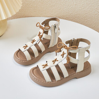儿童凉鞋女小学生拉链鞋皮童罗马新款夏季韩版公主露趾软高帮巍妙米色