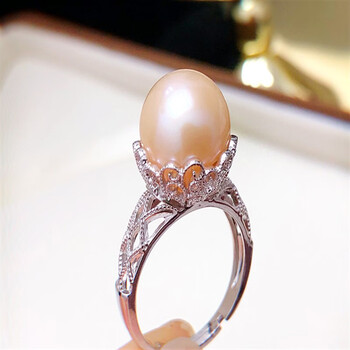 侨沁淡水大白珍珠戒指指环强光银饰简约复古蕾丝戒时尚粉色活口开口女