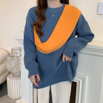 毛衣女2021秋季新款韩版女上衣慵懒风宽松设计感撞色毛衣女蓝色均码90