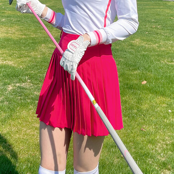 绿野客高尔夫女装夏季速干冰丝粉色长袖上衣防走光百褶短裙套装 红色