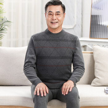 中老年保暖内衣套装男士加厚加绒保暖衣老人爸爸秋冬防寒6115深灰中领