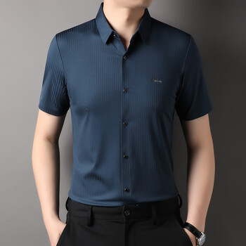 利郎衬衫男短袖桑蚕丝中青年春秋款时尚高端条纹免烫无痕衬衣深蓝1802