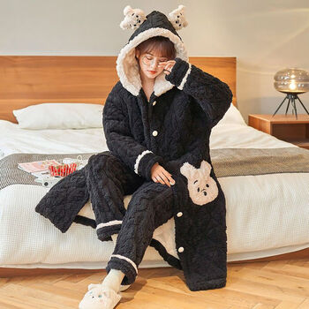 【官方旗舰店】北极绒 bejirog连帽小熊三层夹棉珊瑚绒睡衣女冬提花米
