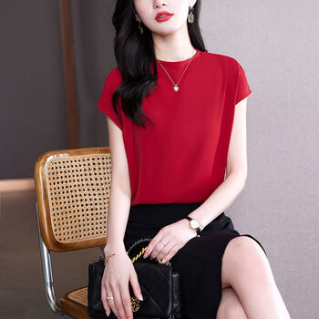 夏季新款真丝短袖t桖女上衣高端名媛百搭纯色时尚气质桑蚕丝小衫 红色