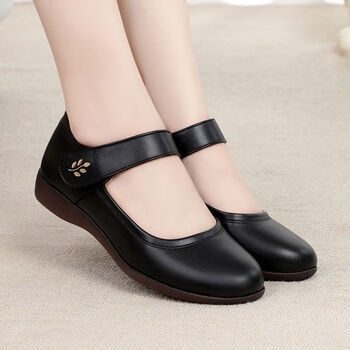 古妮纹牛皮妈妈鞋软底女春秋款单鞋新款中年一字扣中老年平底平跟皮鞋