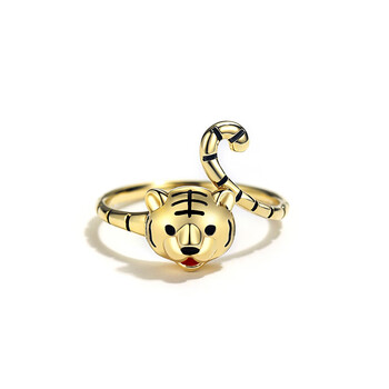 御弗设计师款龙腾虎跃系列萌趣老虎戒指个性食指环本命年礼物香槟金