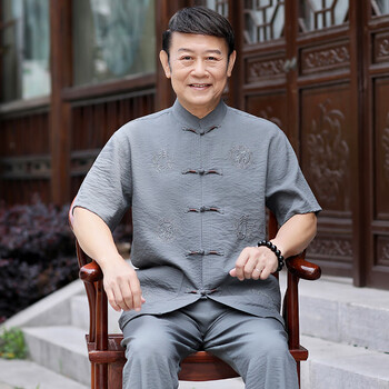 圣马奇保罗唐装男中老年爸爸夏装套装爷爷夏季中国风棉麻短袖老年人