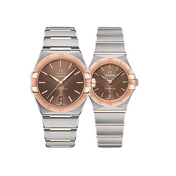 omega欧米茄情侣表 日历自动机械男女瑞士手表情侣对表 红金棕色条钉