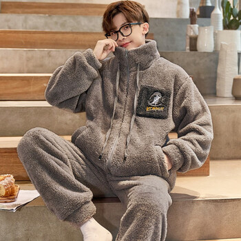 晨素状 男士睡衣男秋冬季珊瑚绒休闲连帽加厚加绒保暖男士睡衣男