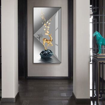 玄关装饰画现代简约走廊过道挂画轻奢麋鹿入户玄幻画竖版寓意好壁画a