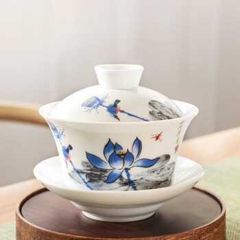 景超富康德化白瓷盖碗陶瓷三才碗带盖泡茶杯单个精品茶盏茶山水茶具碗