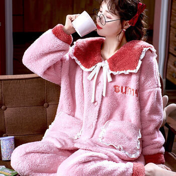 女士睡衣珊瑚绒睡袍女秋冬季家居服法兰加绒加厚可爱甜美可外穿睡衣ks