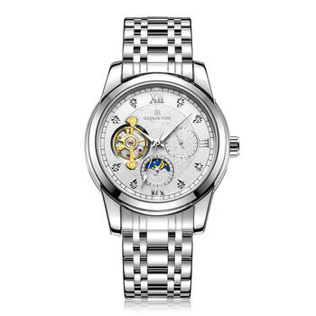 【海铂威尔harborview-黑曜6018d】日月星辰多功能机械表 间金白面