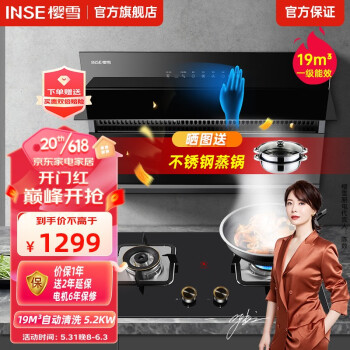 樱雪（INSE）2028大吸力抽油烟机燃气灶套餐家用厨房侧吸式自动清洗烟机挥手感应吸油烟机天然气灶具 (天然气12T)