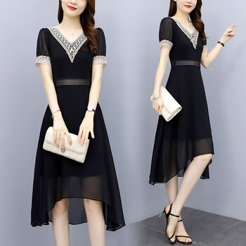 薇洛萱(weiluoxuan)2023夏季新款连衣裙女装衣服雪纺拼接燕尾v领夏天