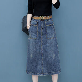 半身裙女秋冬新款复古半身裙牛仔裙子中长款过膝aa字裙女高腰开叉长裙