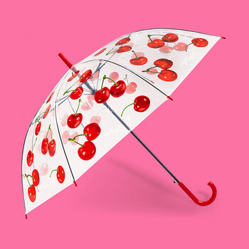 wiggle新款透明雨伞半自动长柄ins风满满拍照神器 透明雨伞_超甜樱桃