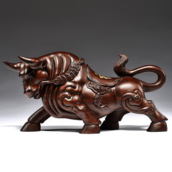 仙莱阁木雕手工精雕华尔街牛摆件生肖牛实木雕刻工艺品家居客厅装饰