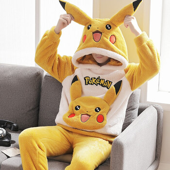 男式冬天可外穿保暖家居服套装zz8698皮卡丘加厚不掉毛男l100135斤