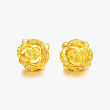 老凤凰款999黄金耳钉3d硬金立体玫瑰花耳钉女足金耳环生日礼物送女友