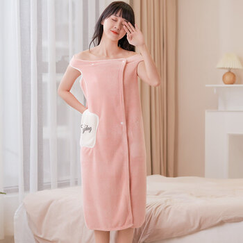 浴巾女可穿可裹家用比纯棉吸水速干不掉毛吊带加大款浴裙浴袍浅粉色