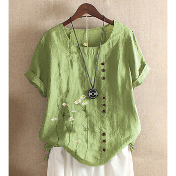 棉麻衬衫女短袖棉麻刺绣t恤女夏2021新宽松洋气薄短袖小衫苎麻衬衫