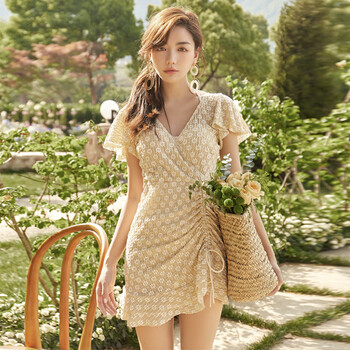 igiftfire泳衣女连体遮肚显瘦温泉度假裙式游泳装杏色m