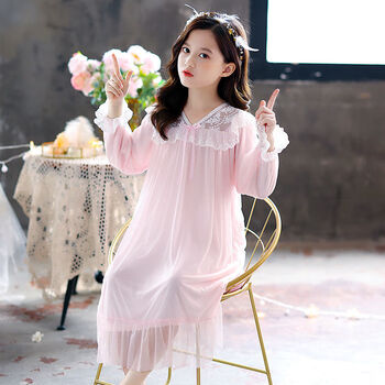 女童春秋季长袖睡裙中大童女孩蕾丝网纱宫廷风家居服睡衣cizhe粉红色
