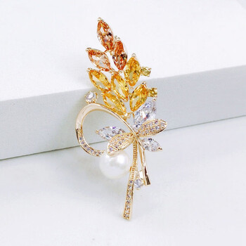 奥来亚轻奢新潮个性气质设计感彩锆石树叶珍珠胸针配饰胸花大衣别针