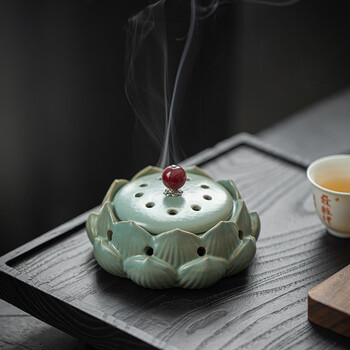 水墨当清 茶艺摆件香炉 创意陶瓷莲花沉香檀香炉复古盘香薰香炉家用
