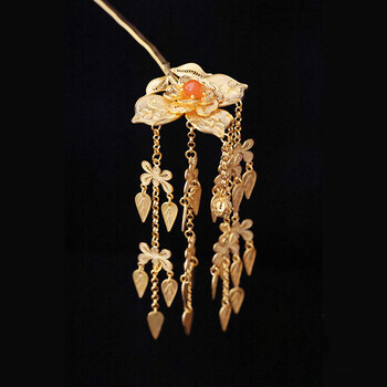 99银树叶发簪长流苏步摇簪子发饰汉服古风头饰镶嵌珍珠一支