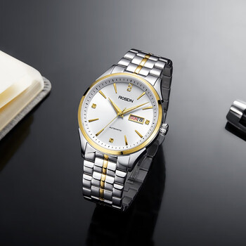 劳士顿(rosdn)男士全自动机械表经典商务休闲防水男腕表 间金白面男款