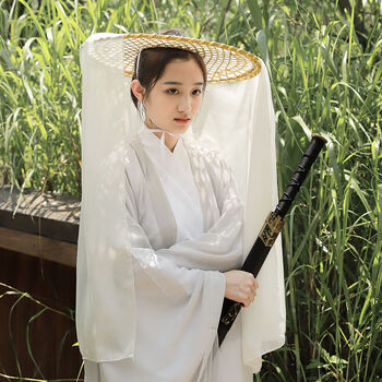 靓女街斗笠帽竹编帽子斗笠古风摄影道具儿童古装汉服竹编帽女侠客防晒