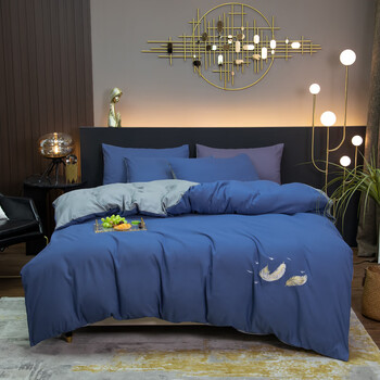 床单多件套轻奢风刺绣羽毛深蓝色18m床单款四件套适合200230cm被芯