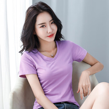 hmdime莫代尔棉超舒适v领轻薄高弹短袖t恤女tjsh9633紫色s