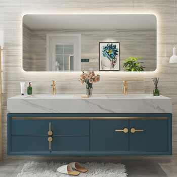 浴室柜组合悬挂洗脸池卫浴柜蓝色洗漱台盆柜智能镜岩板陶瓷盆14米橡木