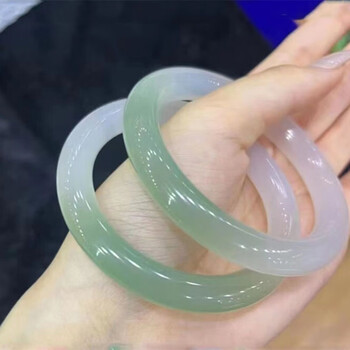 巧俪 冰种玉髓手镯青色渐变胖圆冰种玉髓半山半水少女荔枝冻玛瑙手镯